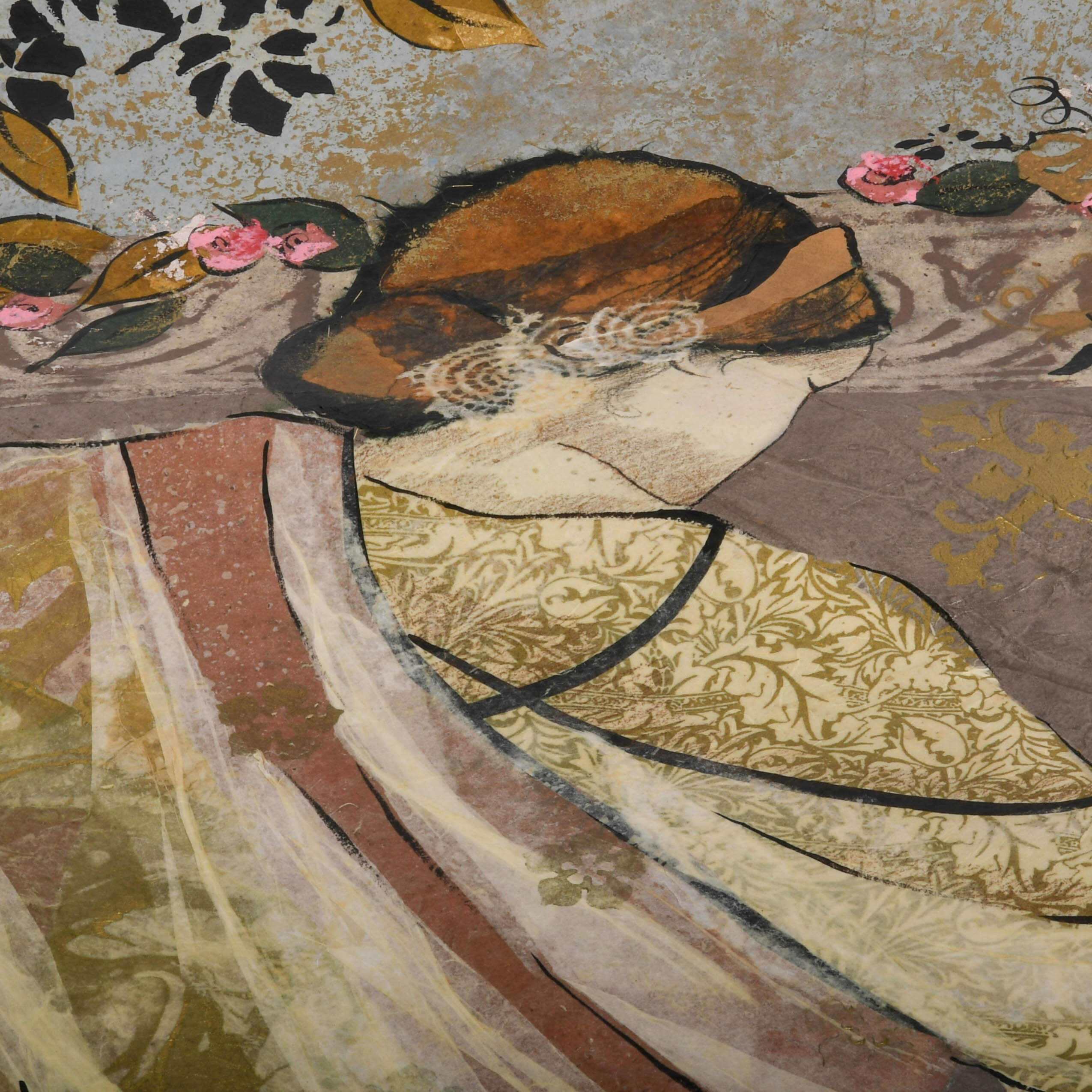 Signed Bonny Hawley Lady in the Garden Mixed Media Tapestry Painting-5