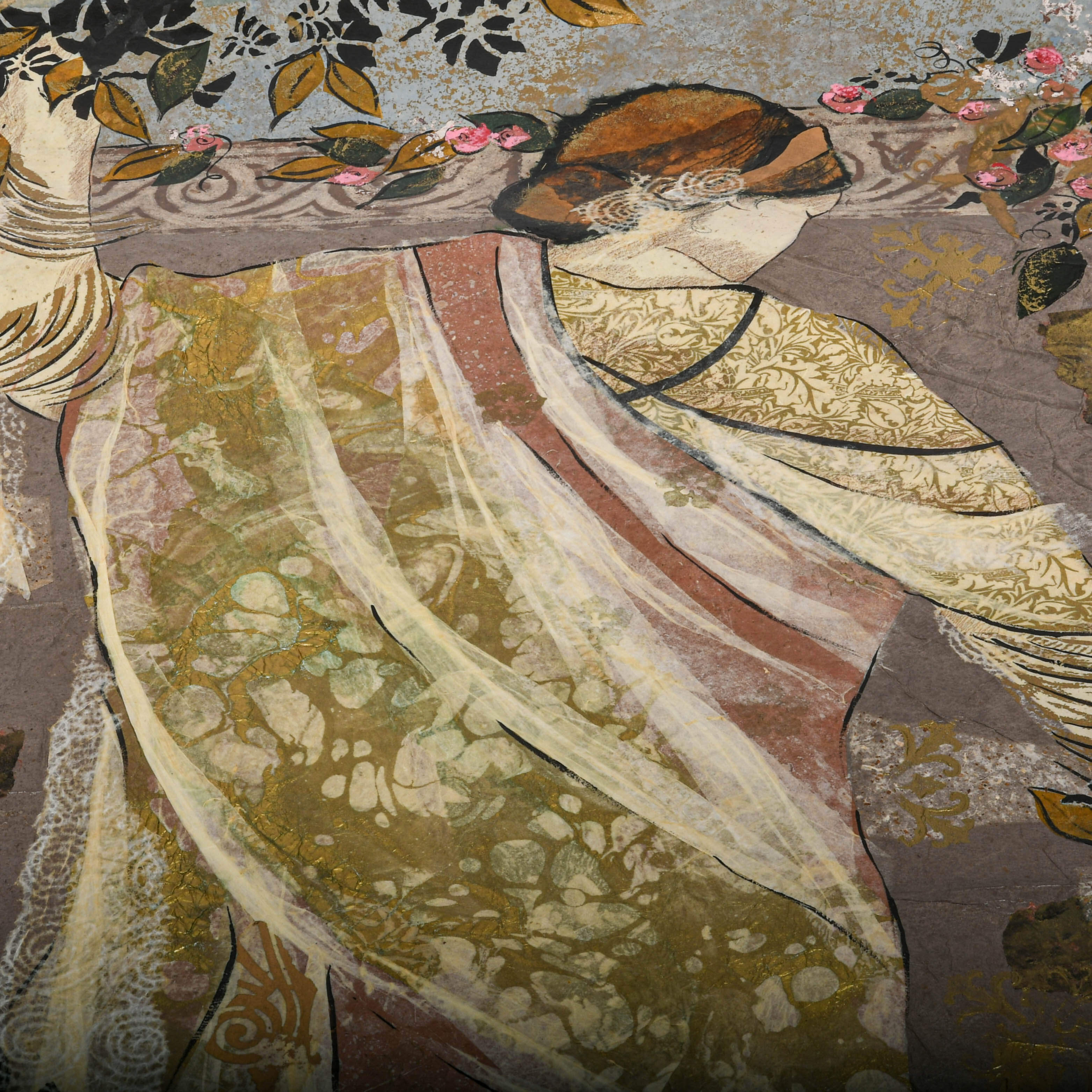 Signed Bonny Hawley Lady in the Garden Mixed Media Tapestry Painting-4