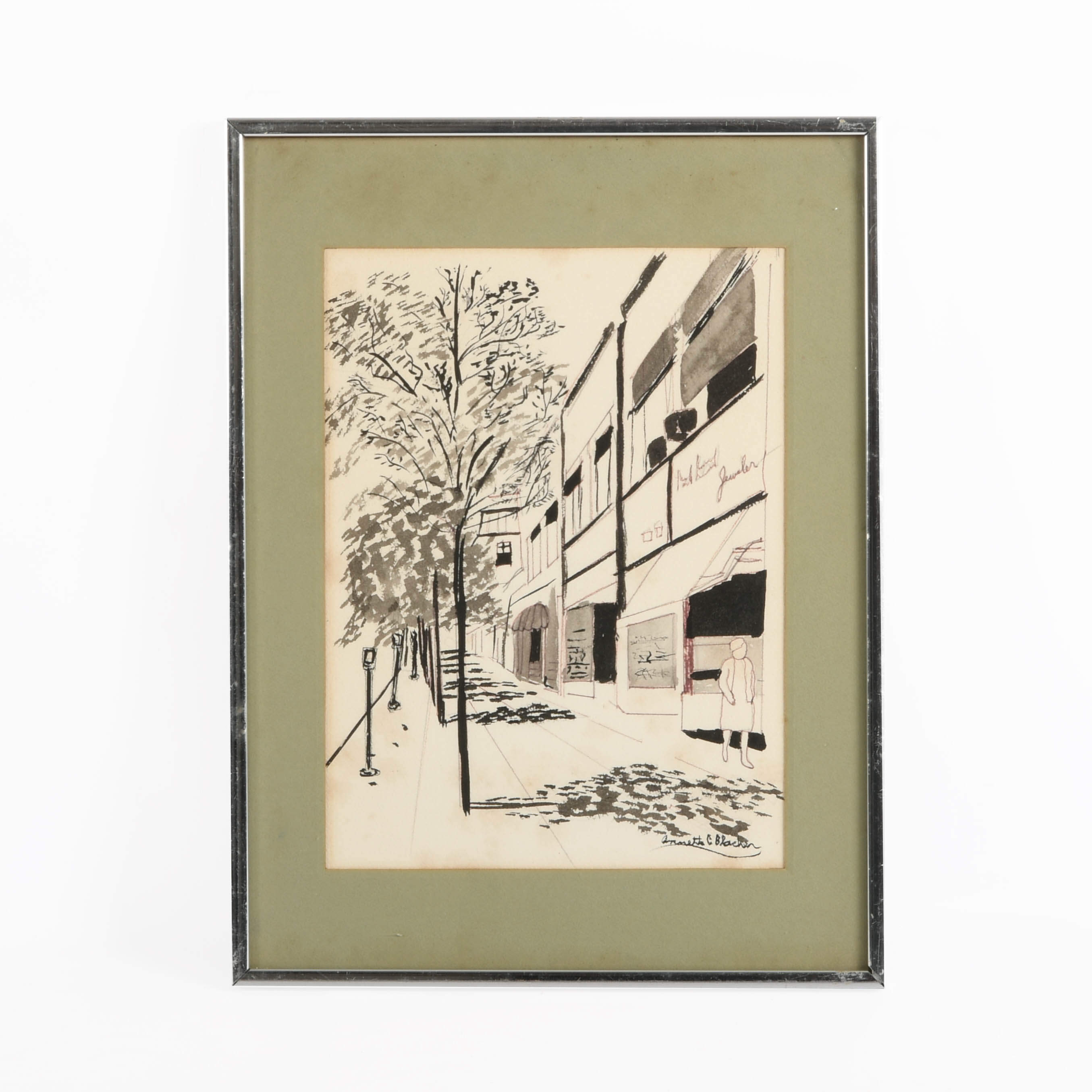 Framed Signed Annette C. Blacken "Landscape Exterior" Pen and Ink-1