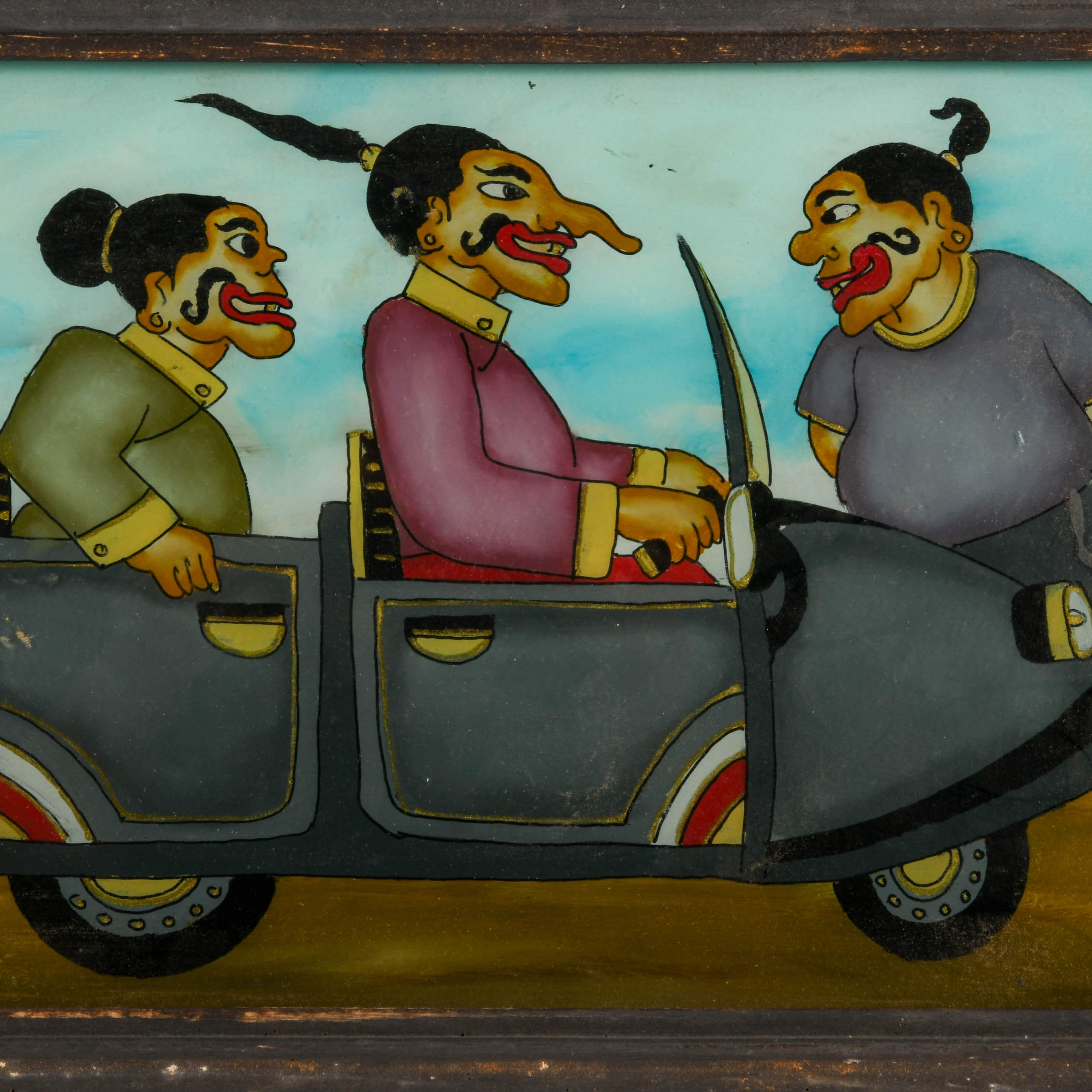 Framed Punakawan Reverse Glass Petruk, Gareng and Bajong Riding In A Car-2