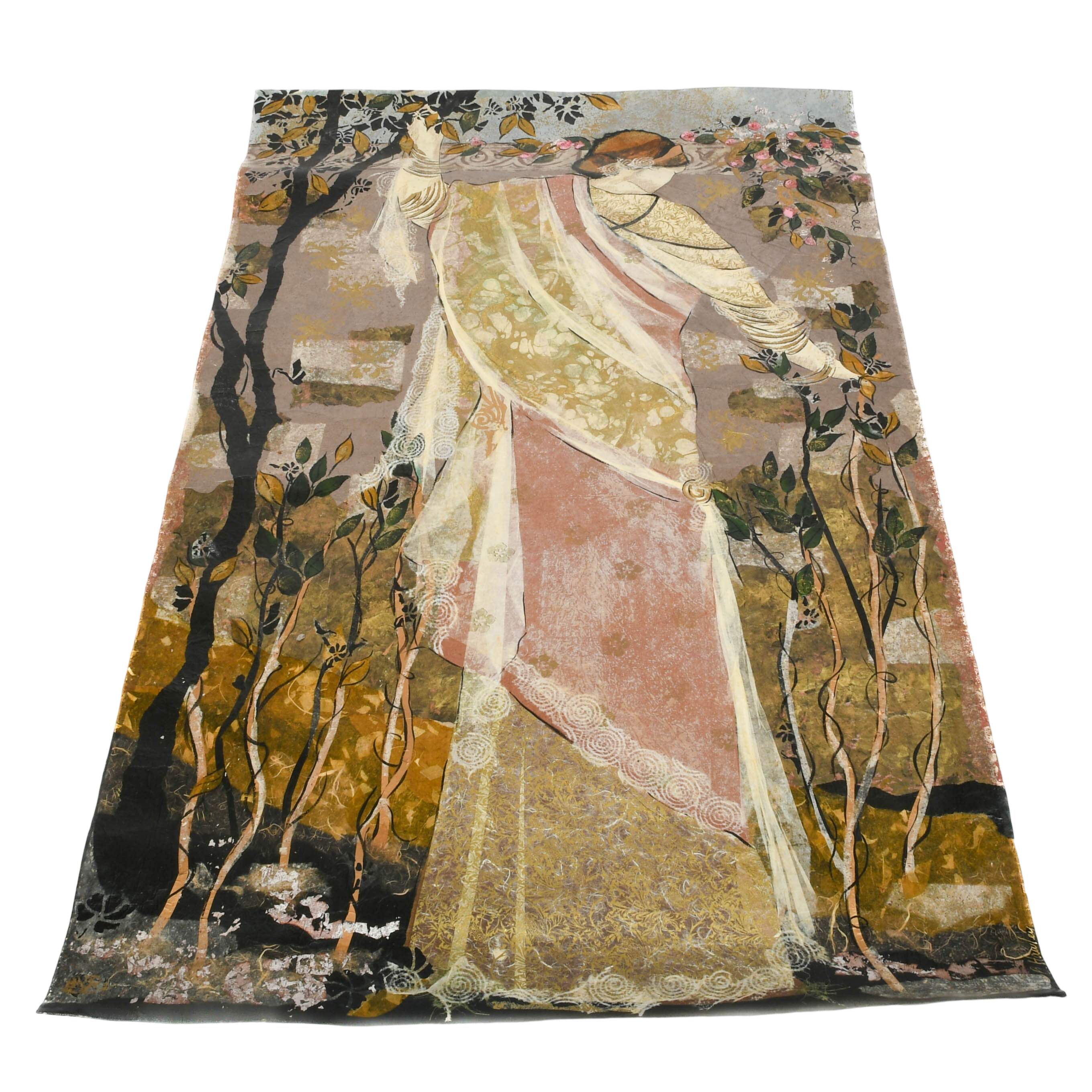 Signed Bonny Hawley Lady in the Garden Mixed Media Tapestry Painting-1