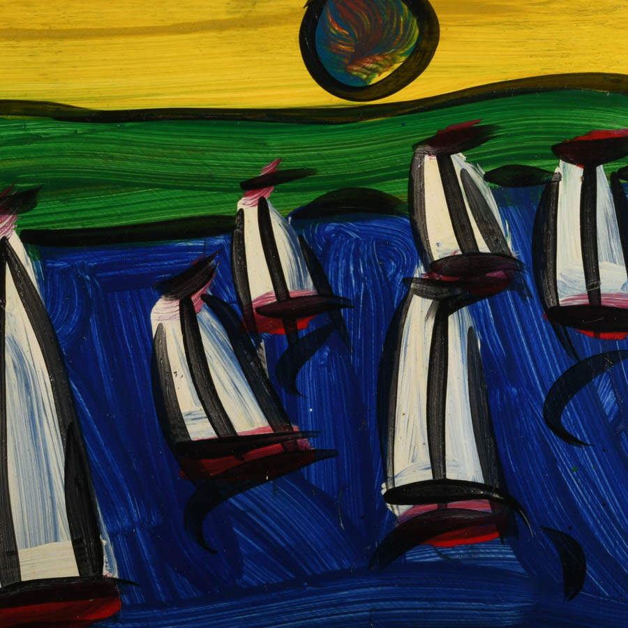 Signed Peter Keil "Sails at Sunset 1984" Mixed Media on Masonite-2