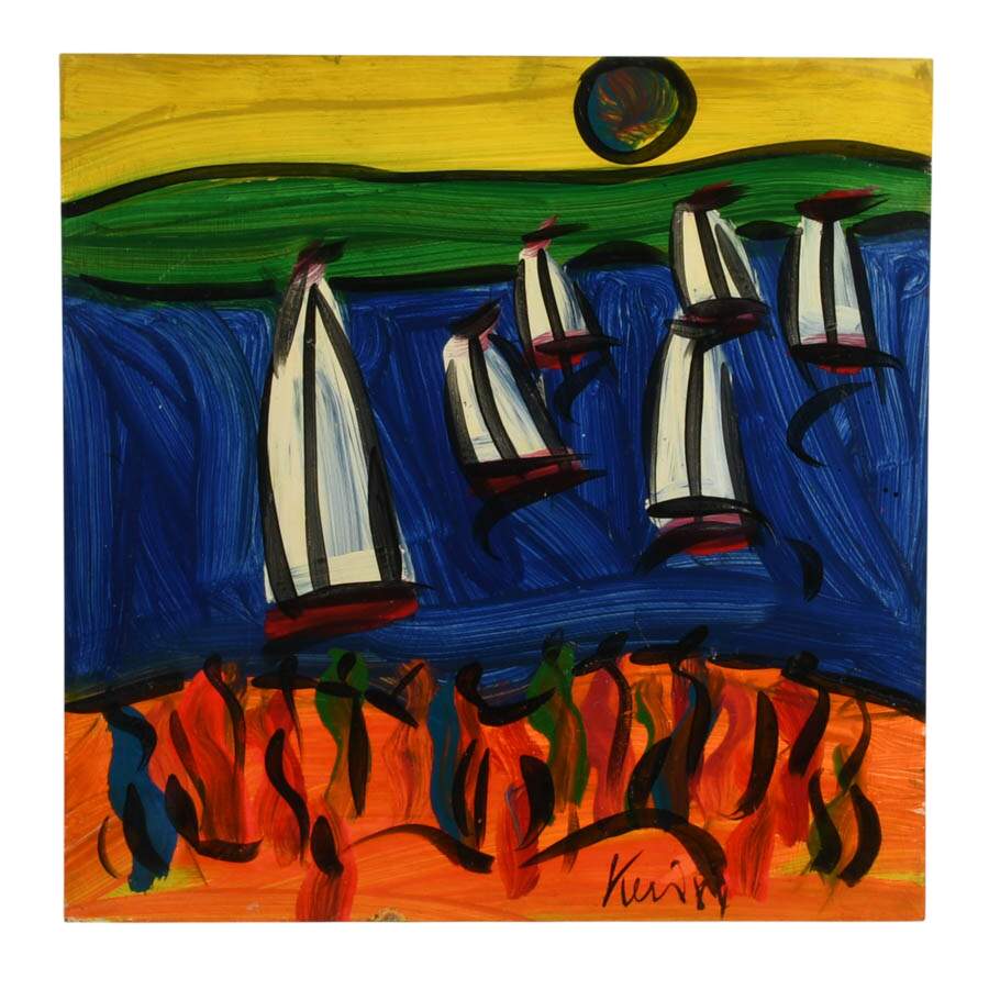 Signed Peter Keil "Sails at Sunset 1984" Mixed Media on Masonite-1