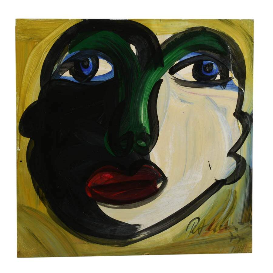Signed Peter Keil Abstract Green and Black Mixed Media Portrait on Masonite-1