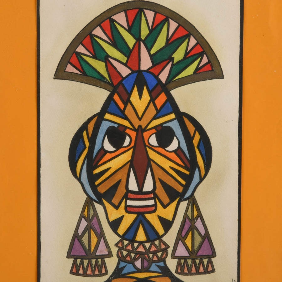 Afrocentric Face Mask Portrait Mixed-Media on Paper Signed Arredondo '69-2