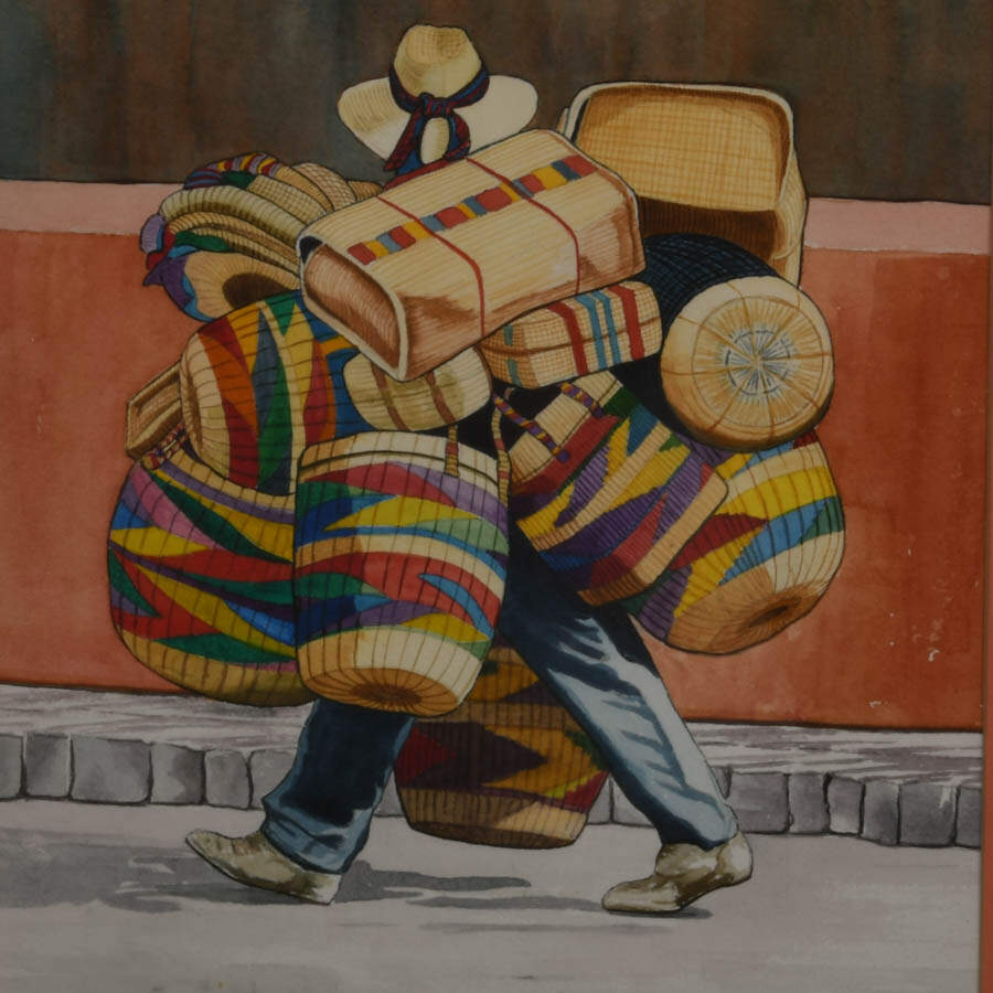 Framed Signed Joanne Lithgow Vendedor de Canastas Mixed-Media Painting-2