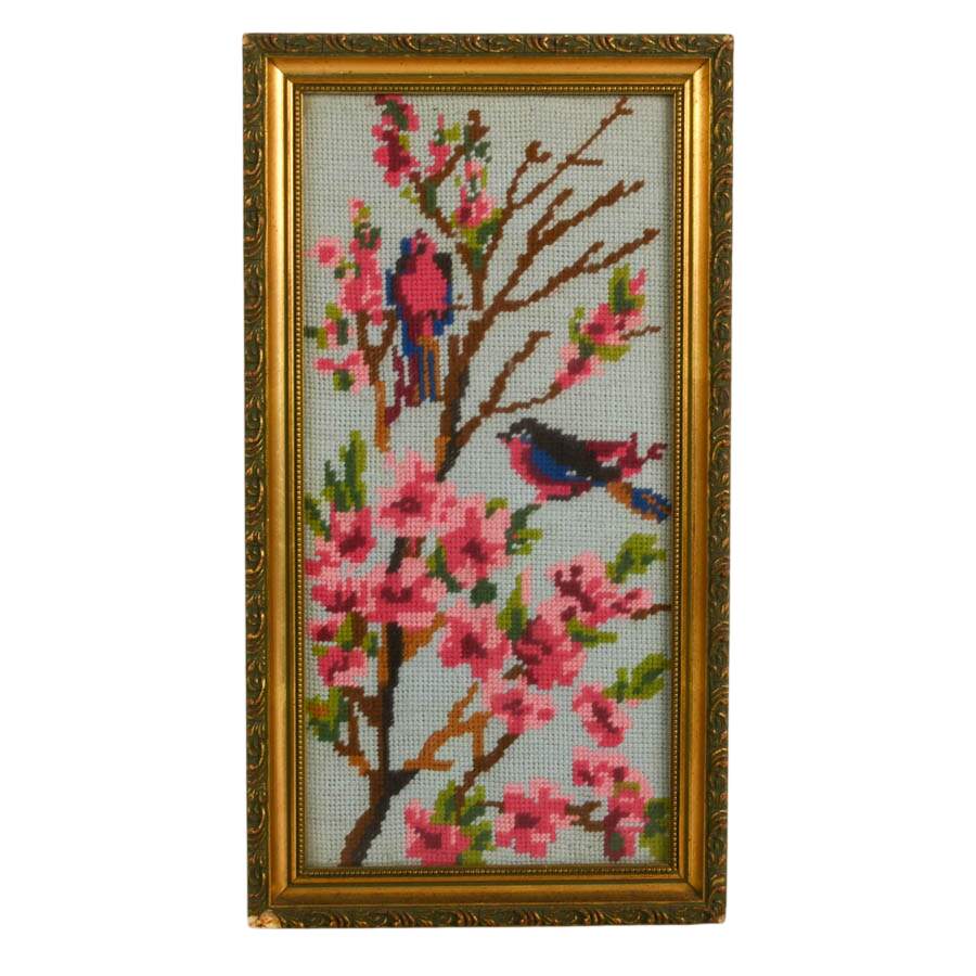 Framed Cherry Blossom and Birds Gobelin Embroidery Panel-1
