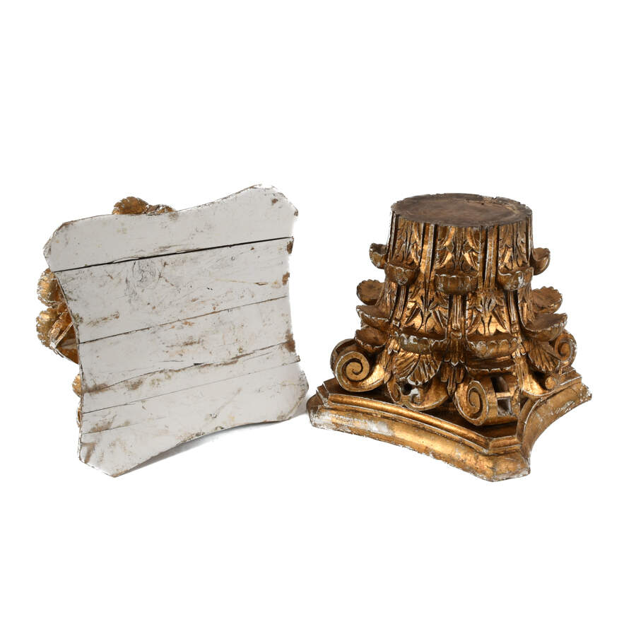 Pair Architectural Wood Carved Gold and White Corinthian Tops-6