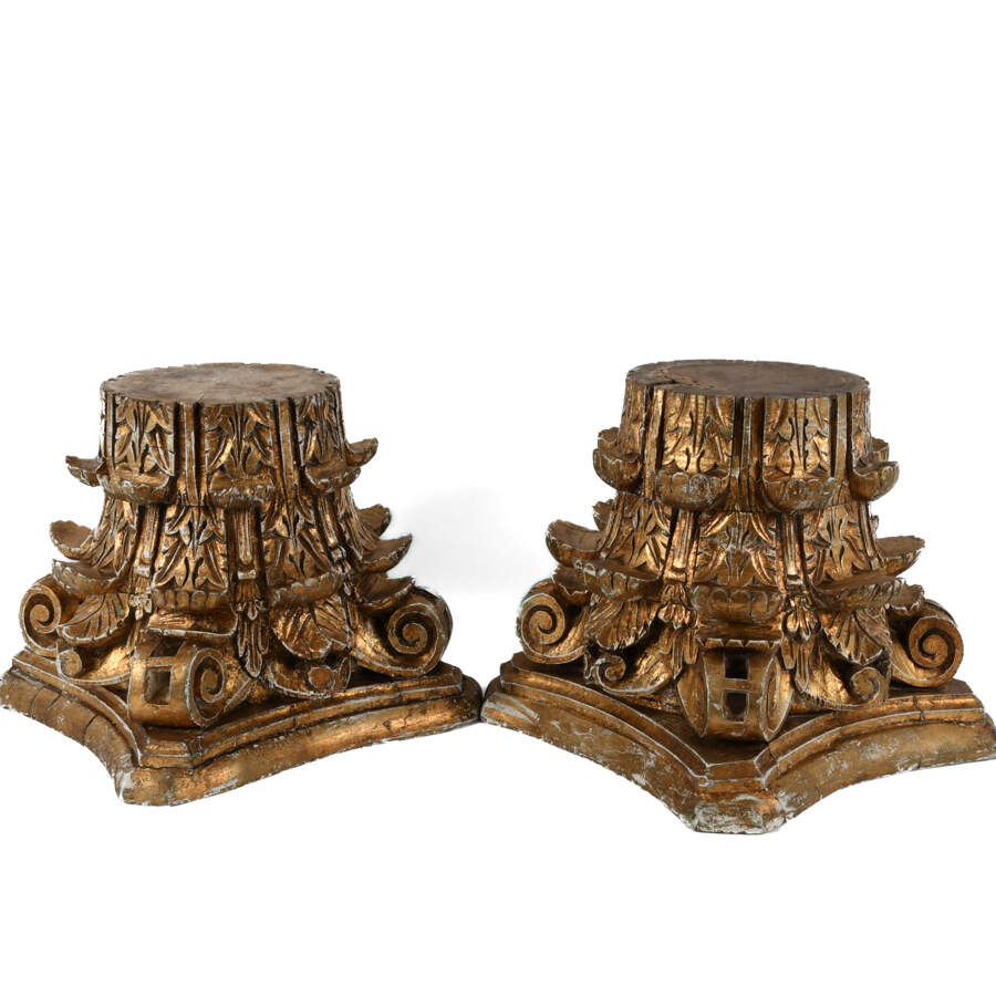 Pair Architectural Wood Carved Gold and White Corinthian Tops-3