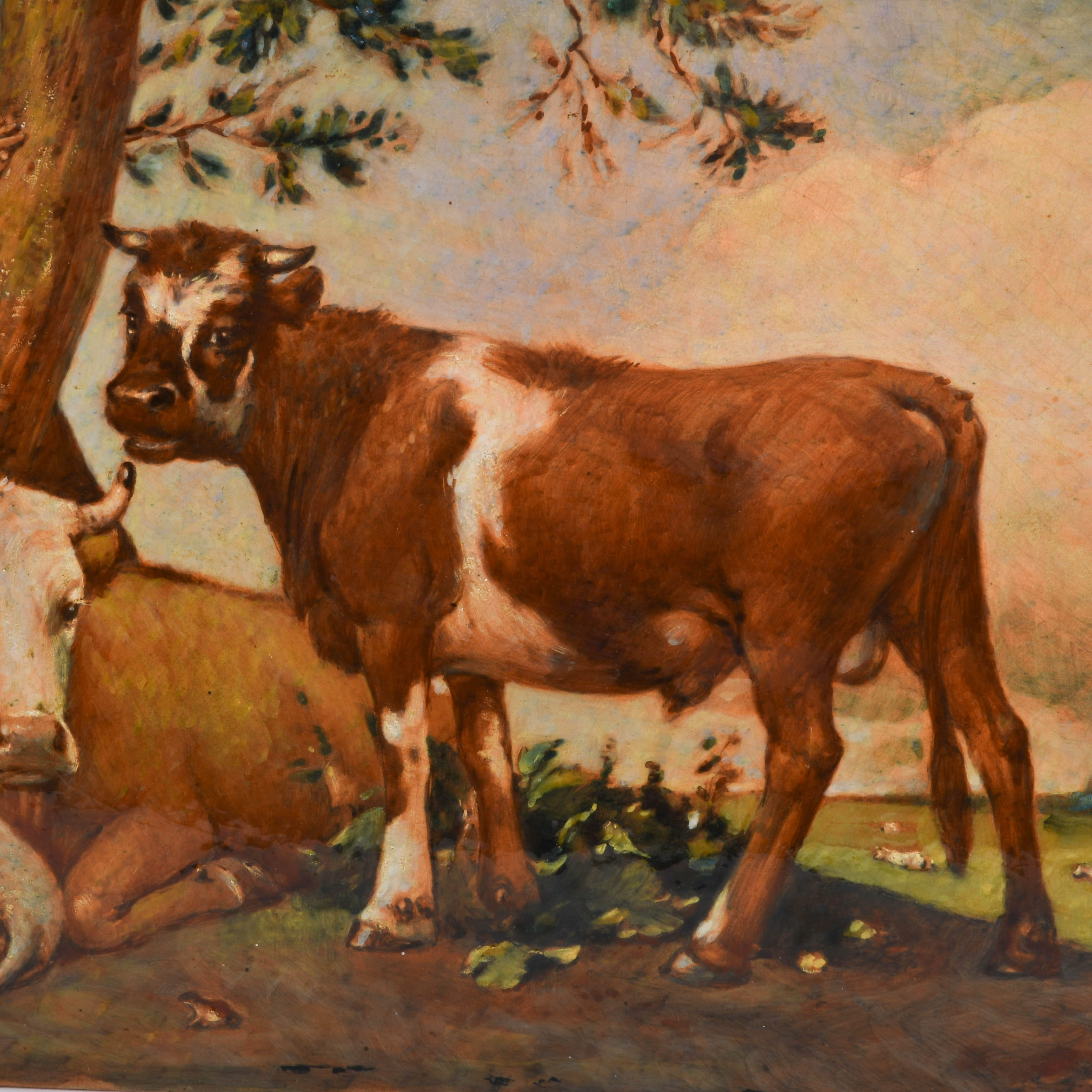 Oversized Gouda Tile Landscape Depicting Man and Cows-3