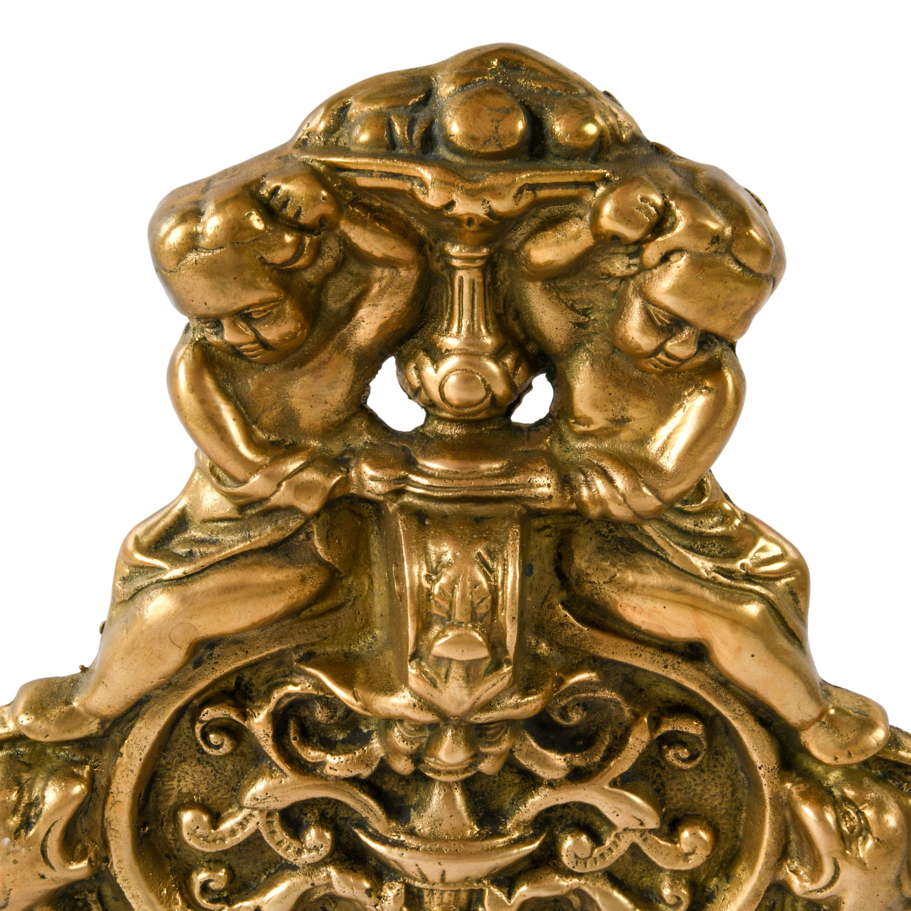 French Empire-Style Brass Putti and Green Man Door Knocker Plate-3