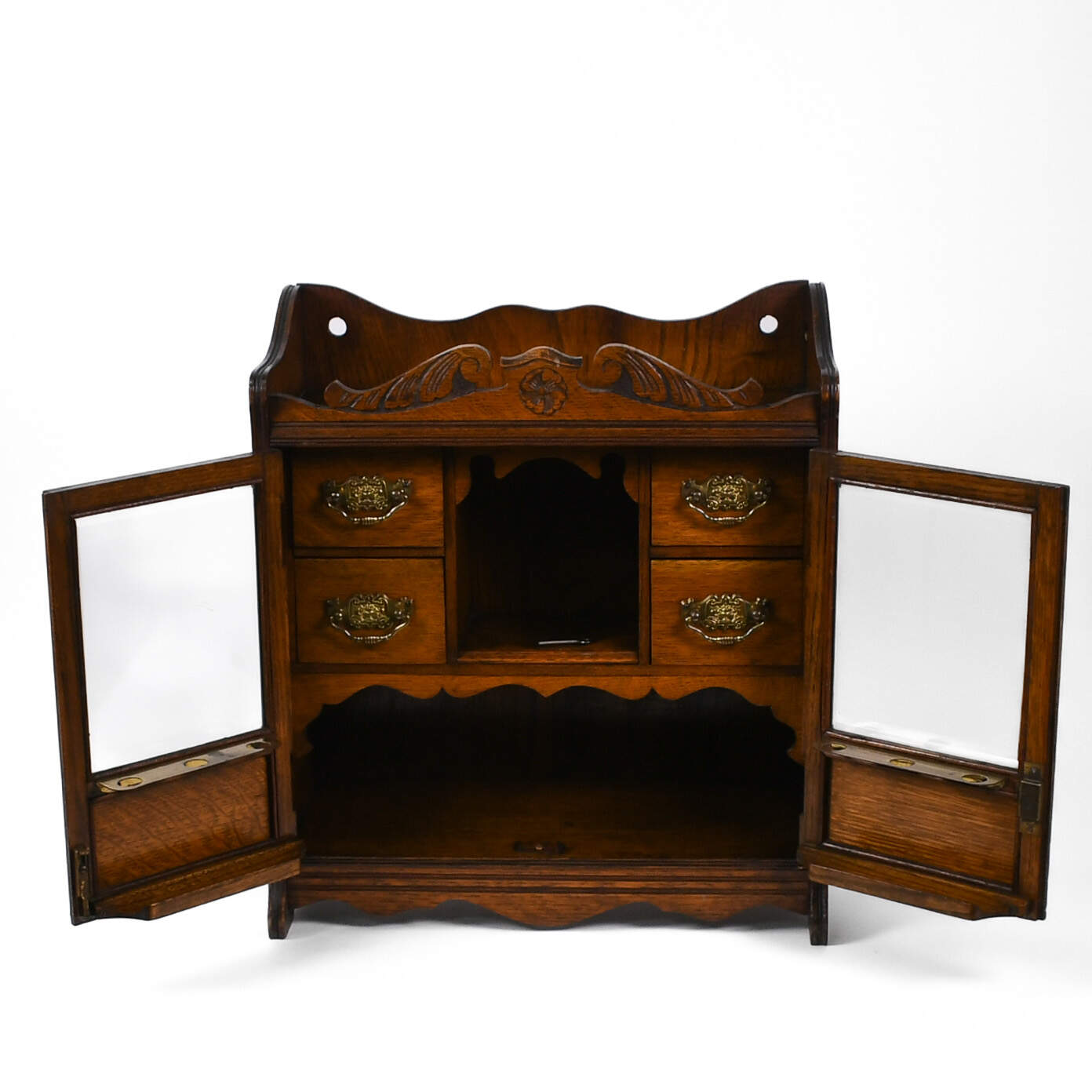 Antique Edwardian Oak Smoking Cabinet Humidor with Key-5