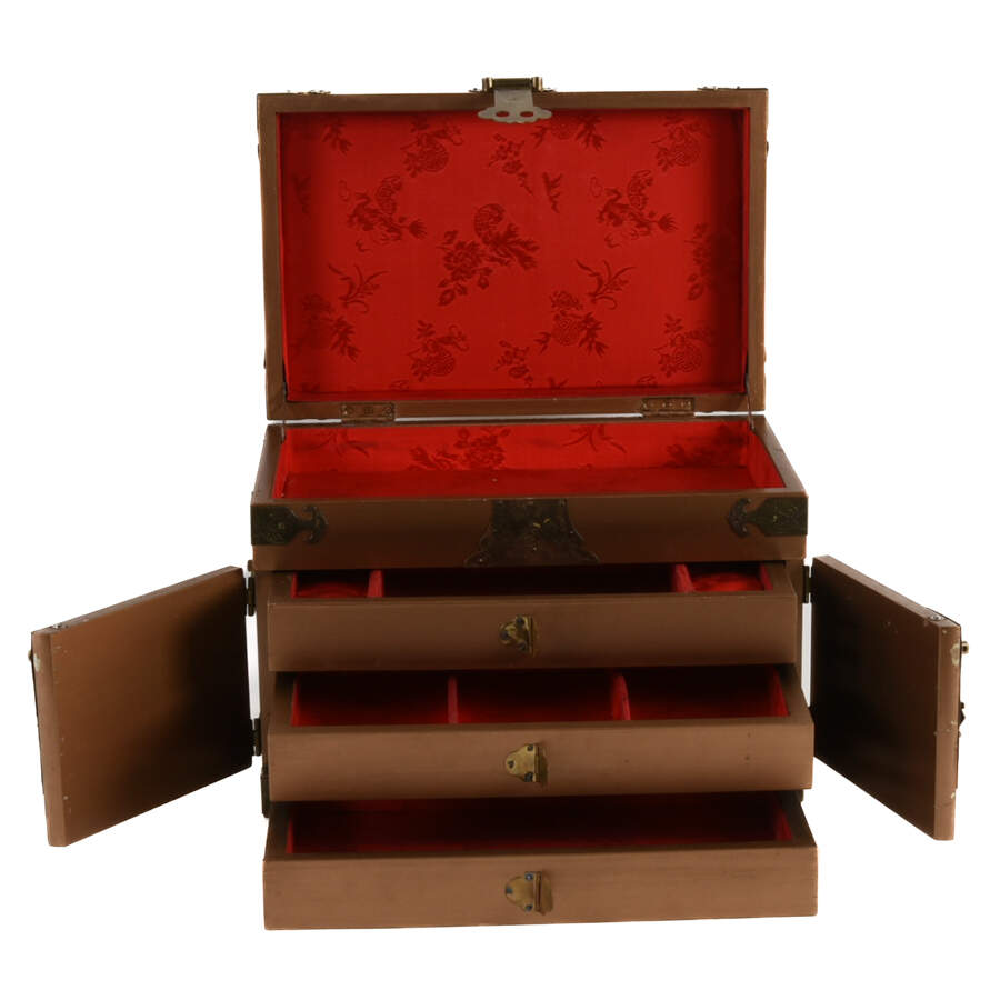 Gold Chinese Wood and Brass Scene Jewelry Box-7