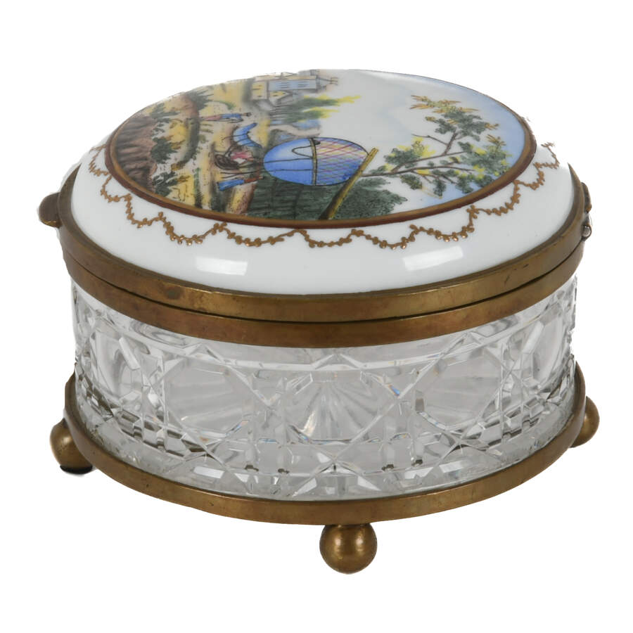 Antique Hand-Painted Hot Air Balloon Cut Glass Biscuit Jar-3
