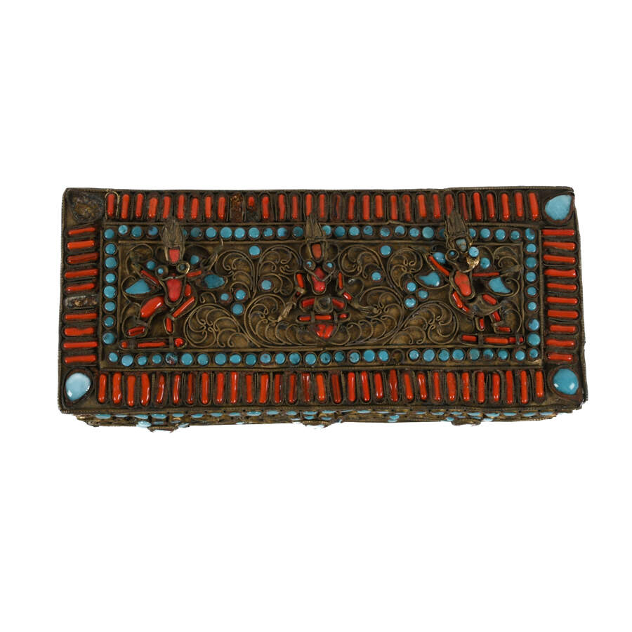 Antique Chinese Tibetan Figure Coral and Turquoise Trinket Box-6
