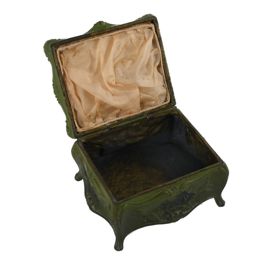 Antique Green Cast Metal Flower Form Jewelry Casket-6