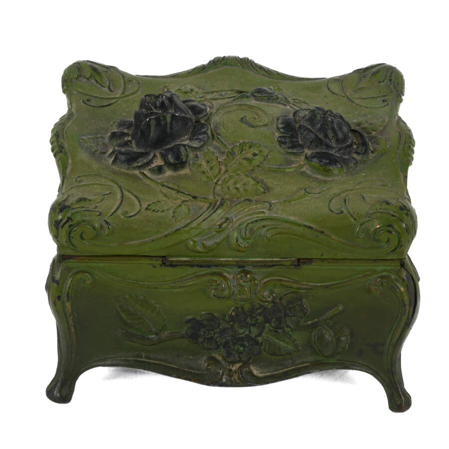 Antique Green Cast Metal Flower Form Jewelry Casket-5