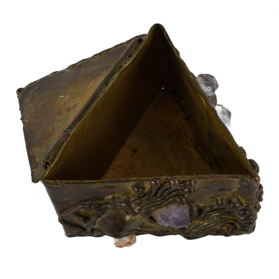 Signed Brutalist Brass and Gemstone Inlaid Trinket Box-4