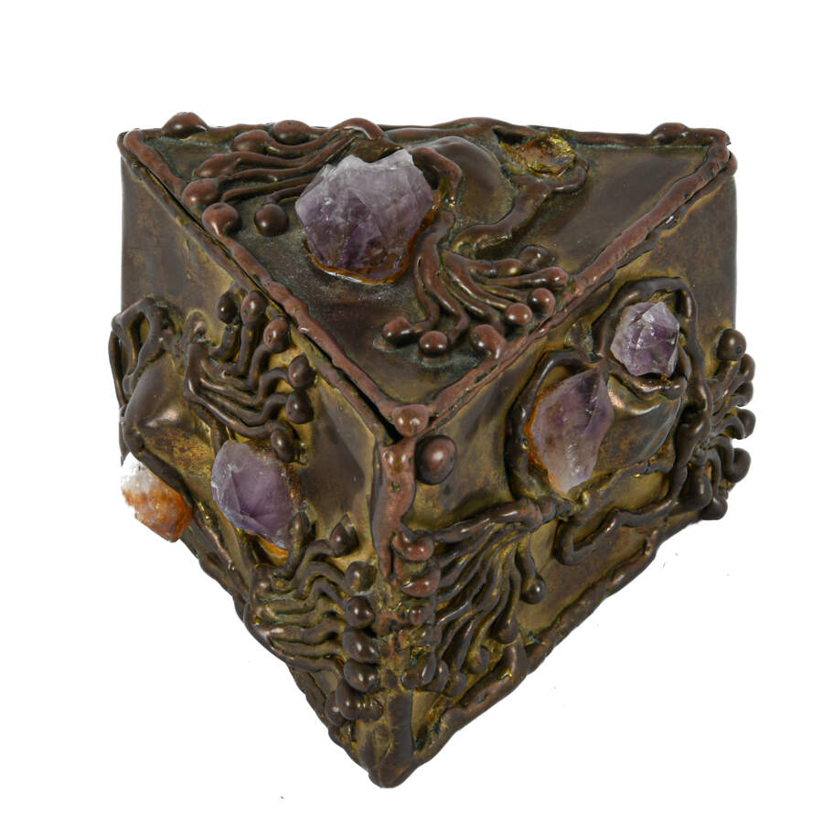Signed Brutalist Brass and Gemstone Inlaid Trinket Box-1