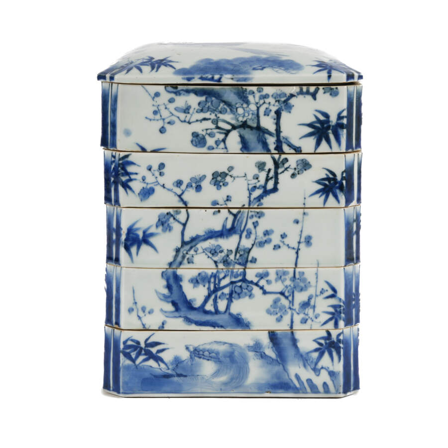 Antique Japanese Blue and White Five-Tiered Stacked Rectangular Lunch Box-2