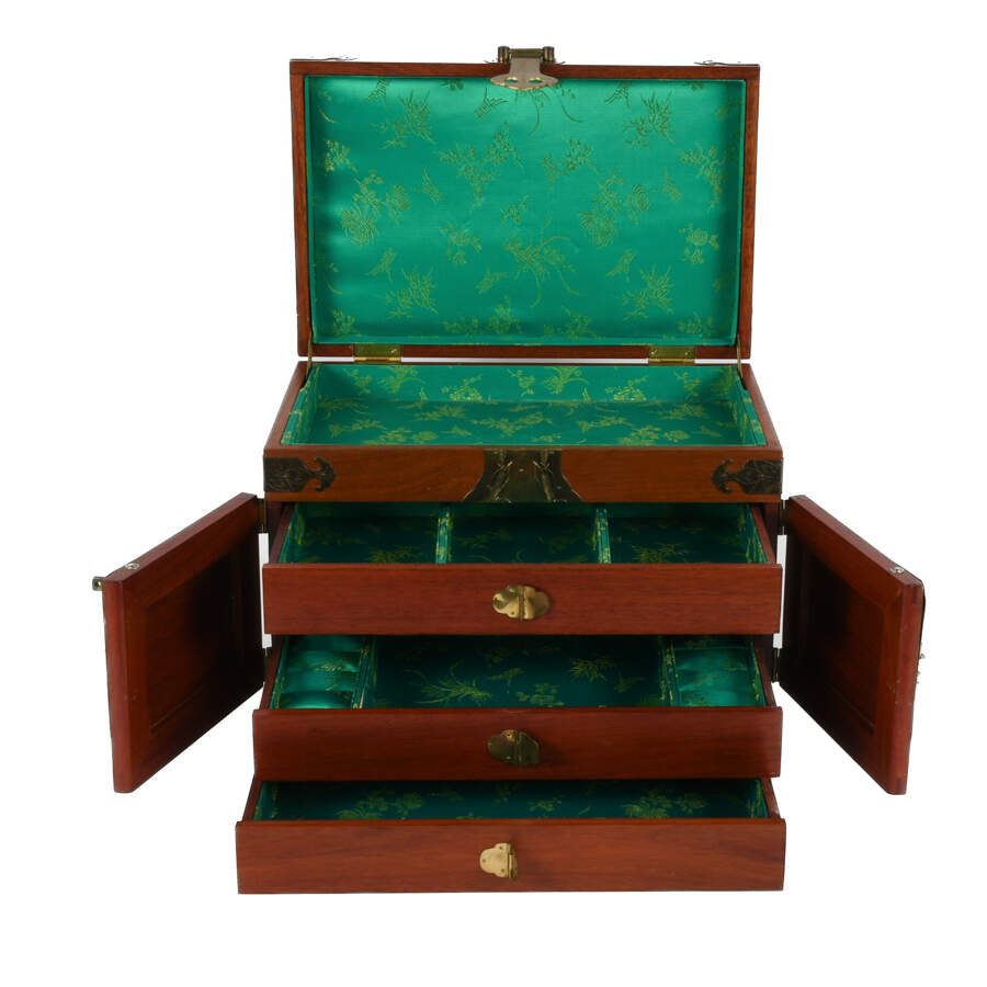 Red Chinese Wood and Brass Jewelry Box-5