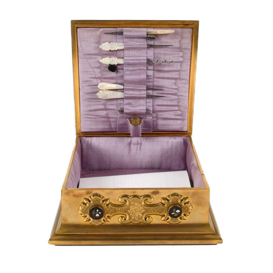Antique Gilded Bronze Sewing Box with Pietra Dura Inset Stones-7