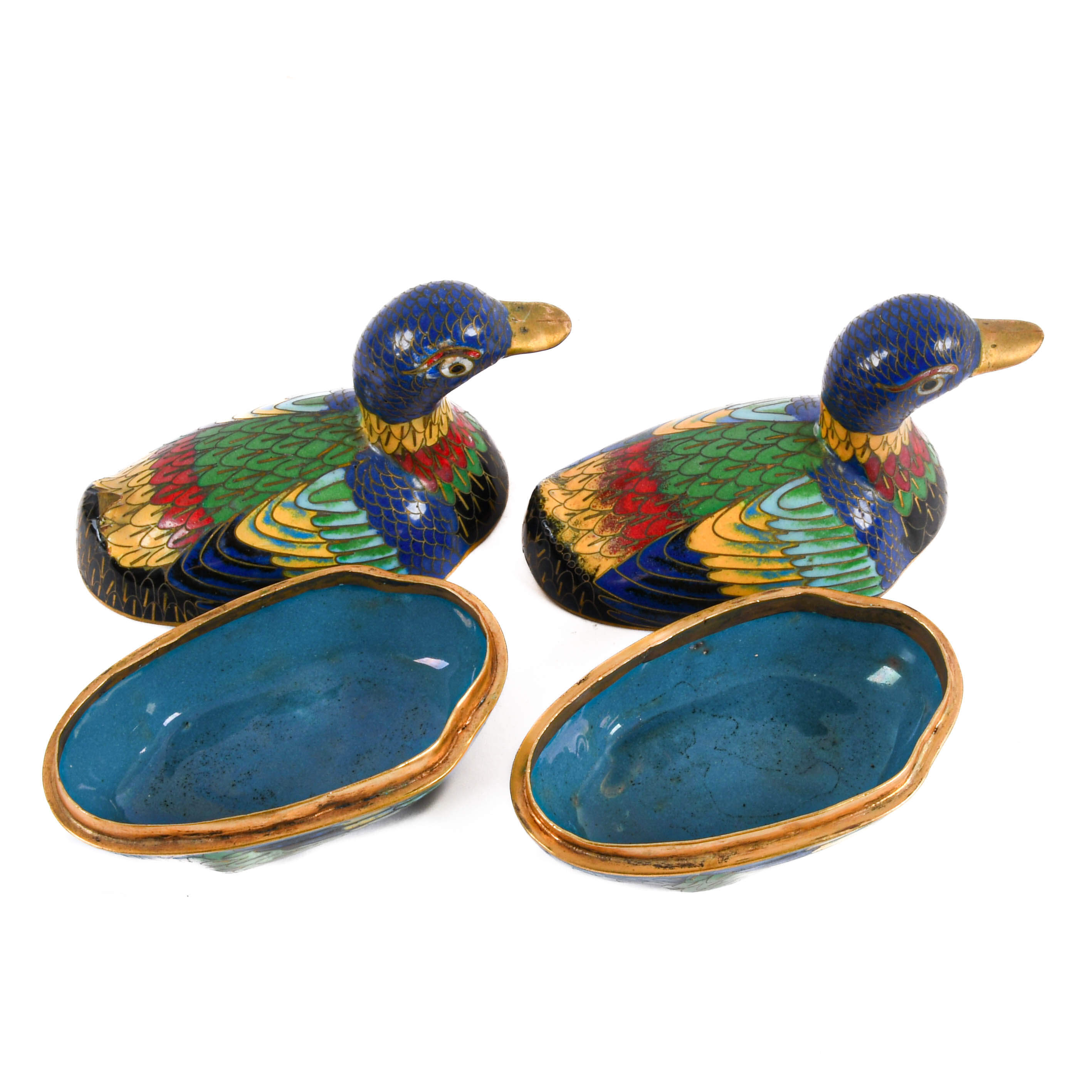 Antique Pair of Cloisonné Covered Duck Form Boxes-5