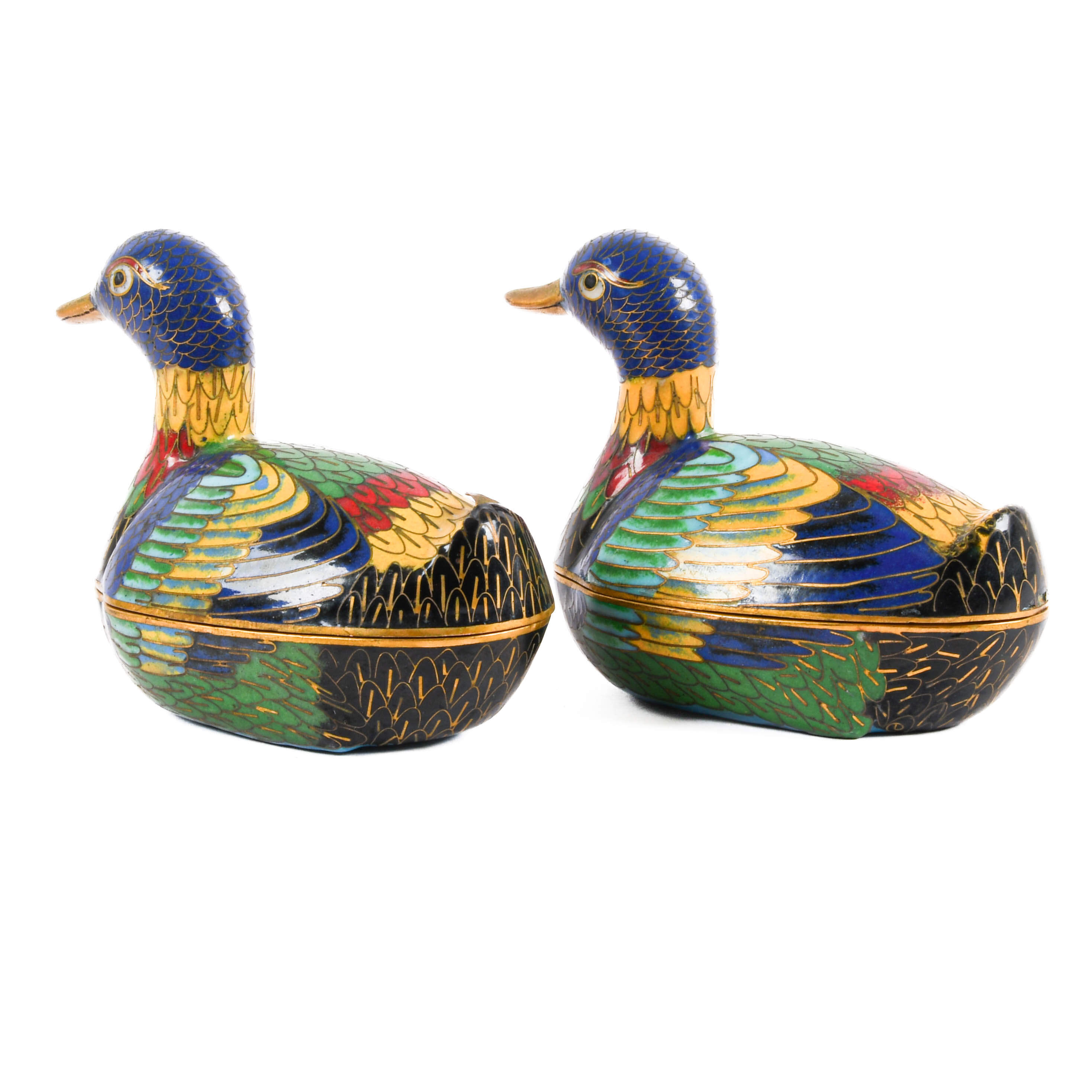 Antique Pair of Cloisonné Covered Duck Form Boxes-3