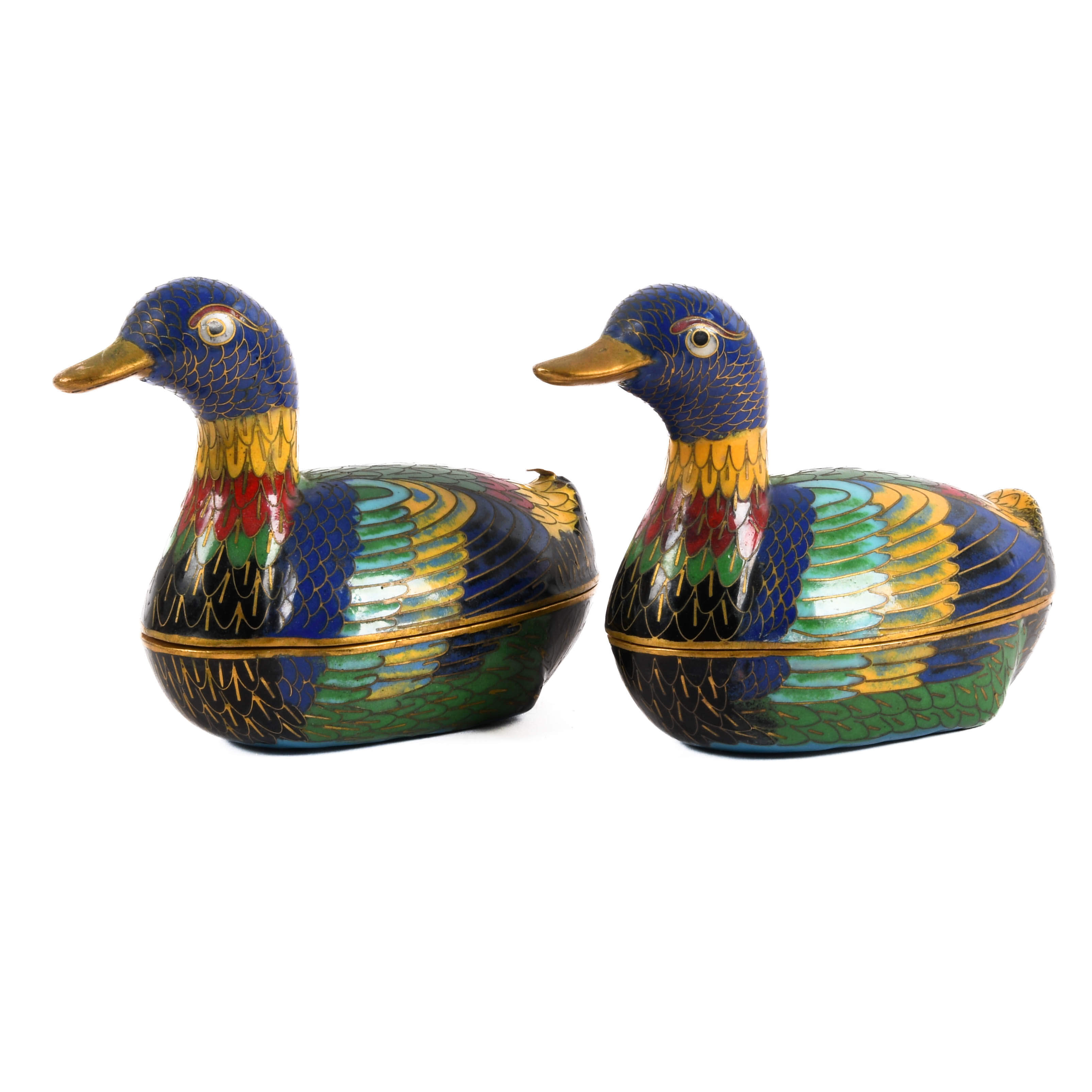 Antique Pair of Cloisonné Covered Duck Form Boxes-2