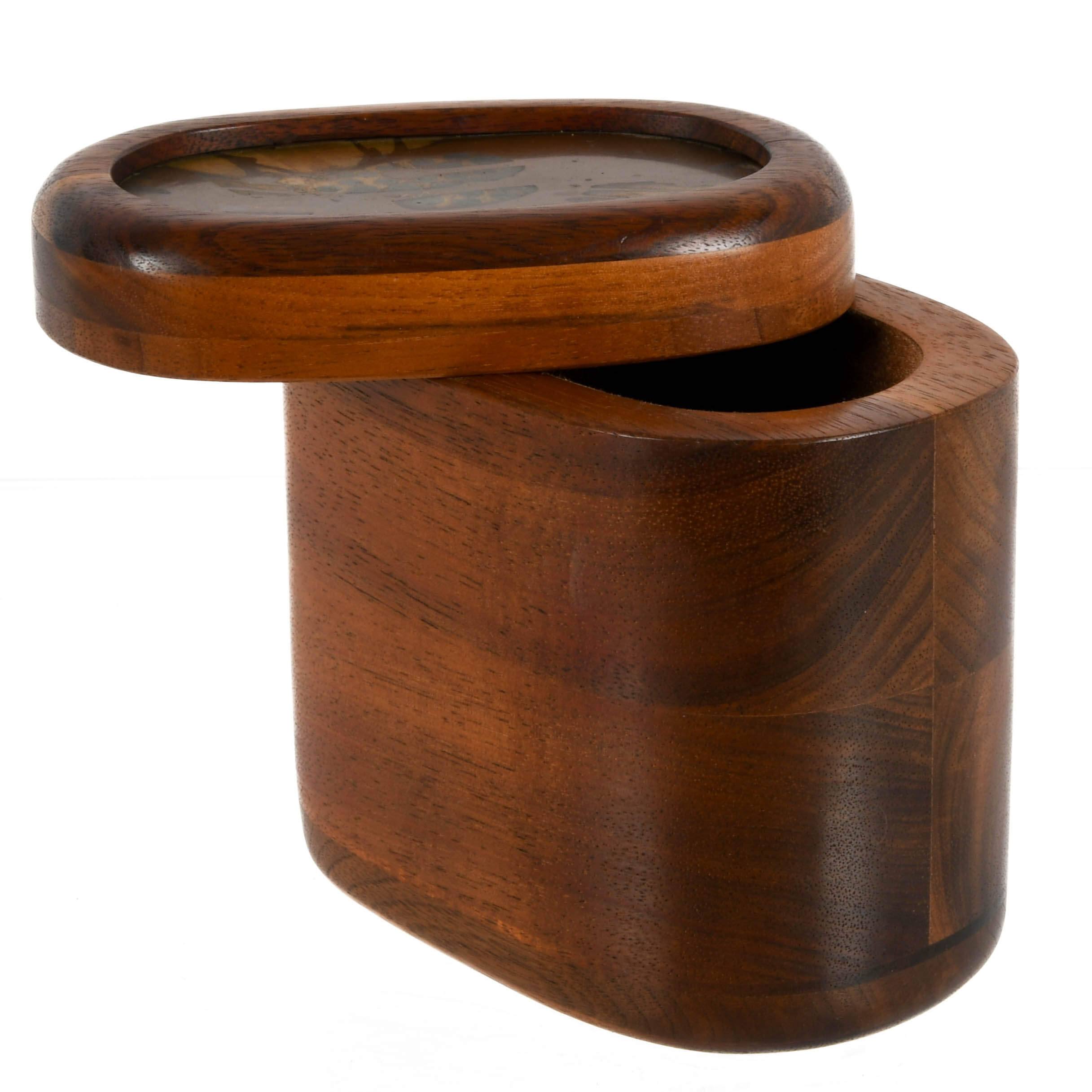 Mid-Century Lee Barnes Peck Wood Box with Inlaid Copper Swivel Lid-5