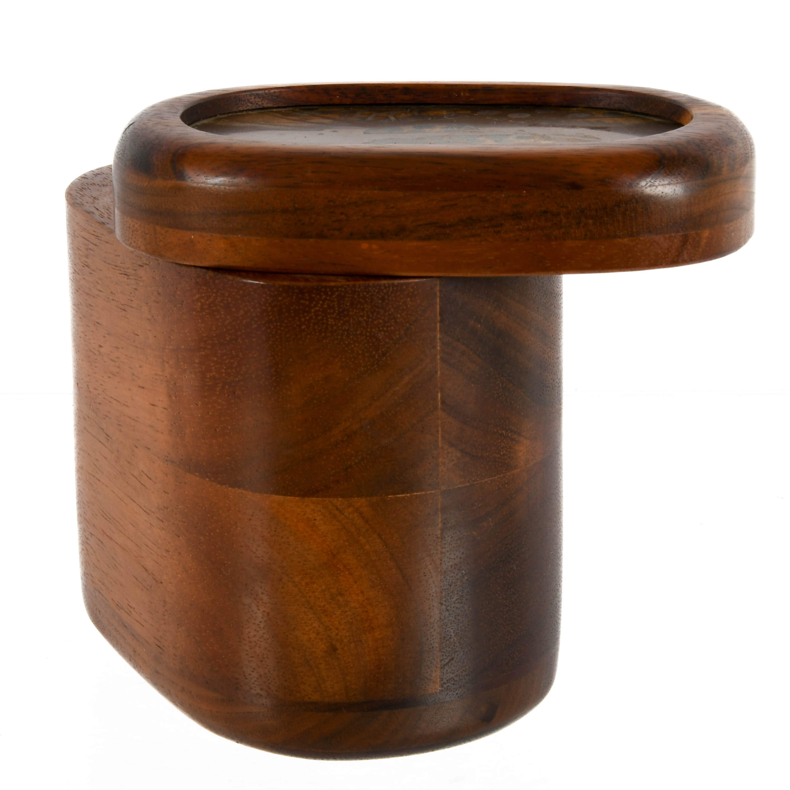 Mid-Century Lee Barnes Peck Wood Box with Inlaid Copper Swivel Lid-3
