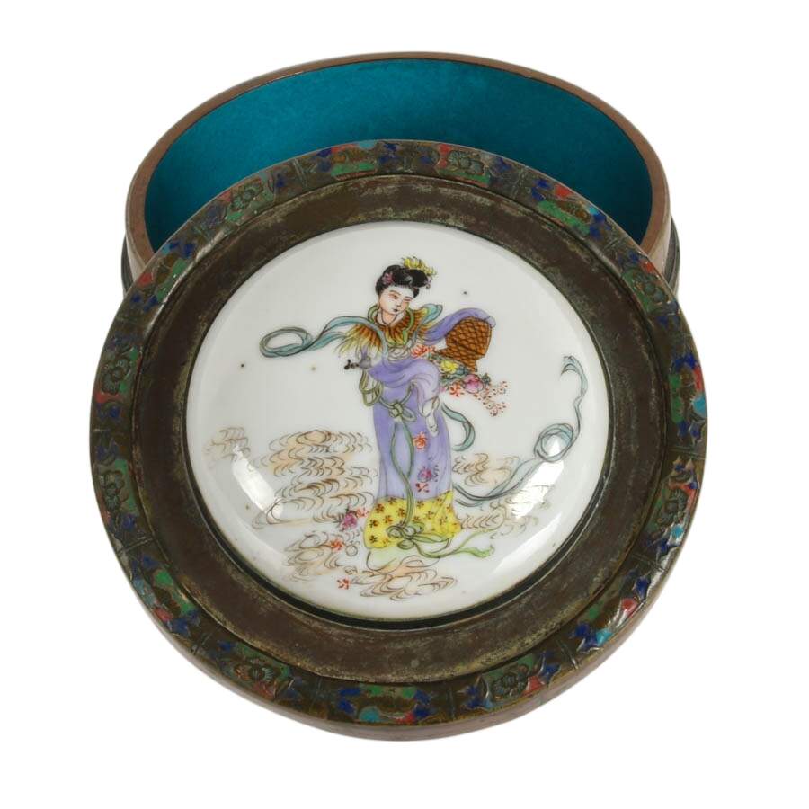 Chinese Enameled Brass Trinket Box with Painted Porcelain Lid-3