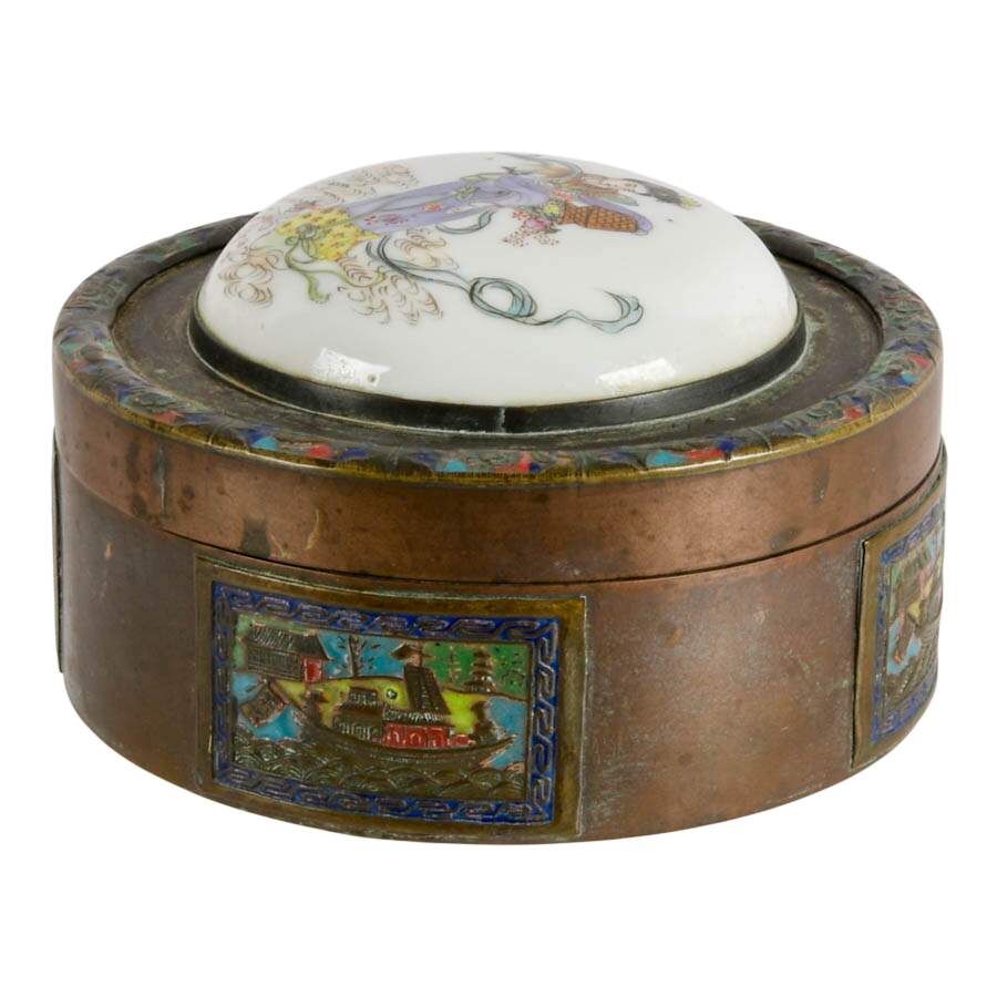 Chinese Enameled Brass Trinket Box with Painted Porcelain Lid-2