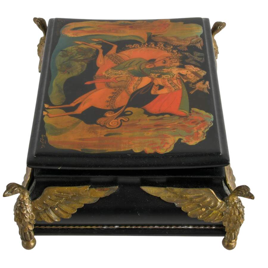 Signed Russian Hand-Painted Lacquerware Box with Brass Bird Feet-4