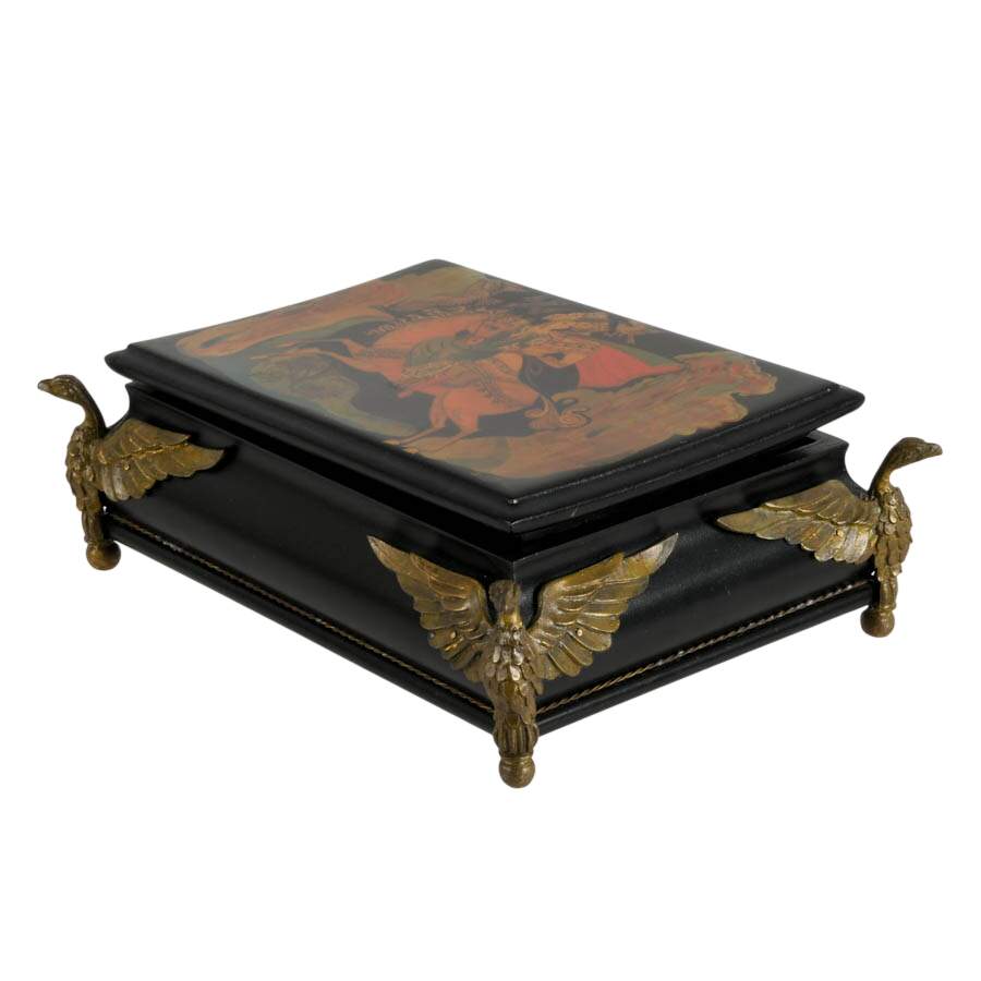Signed Russian Hand-Painted Lacquerware Box with Brass Bird Feet-3