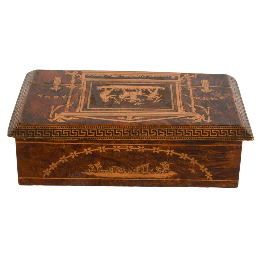 Vintage Italian Burlwood Marquetry Jewelry Box with Neoclassical Scenes-5