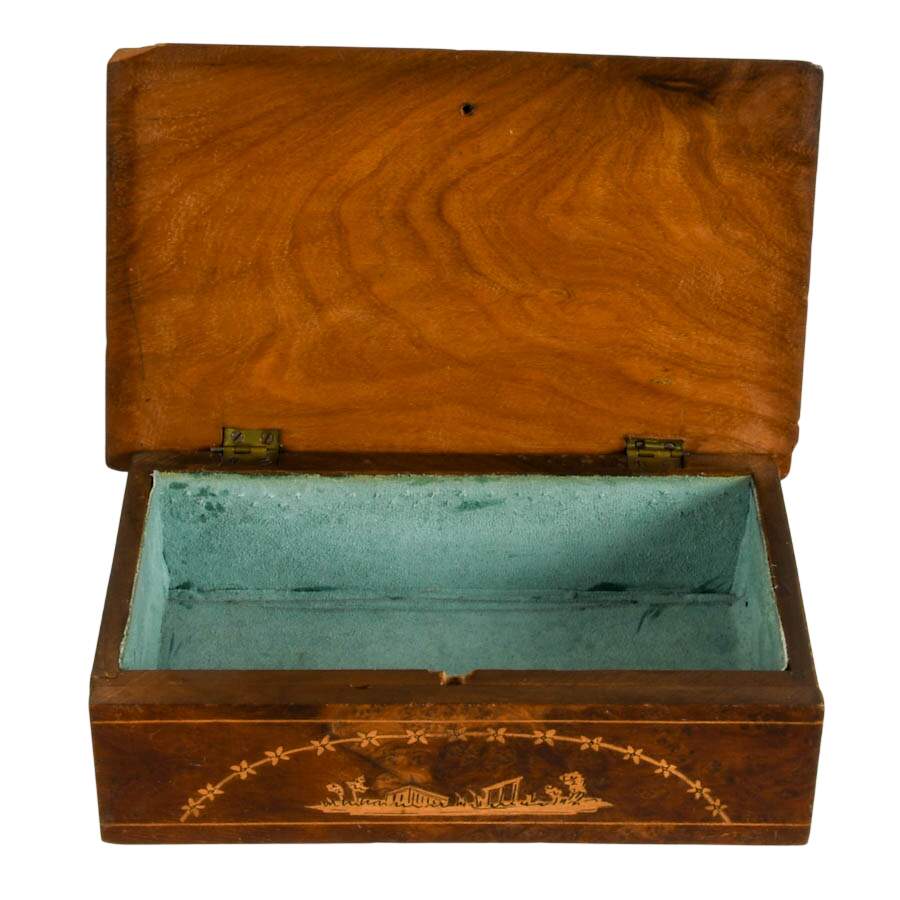 Vintage Italian Burlwood Marquetry Jewelry Box with Neoclassical Scenes-2
