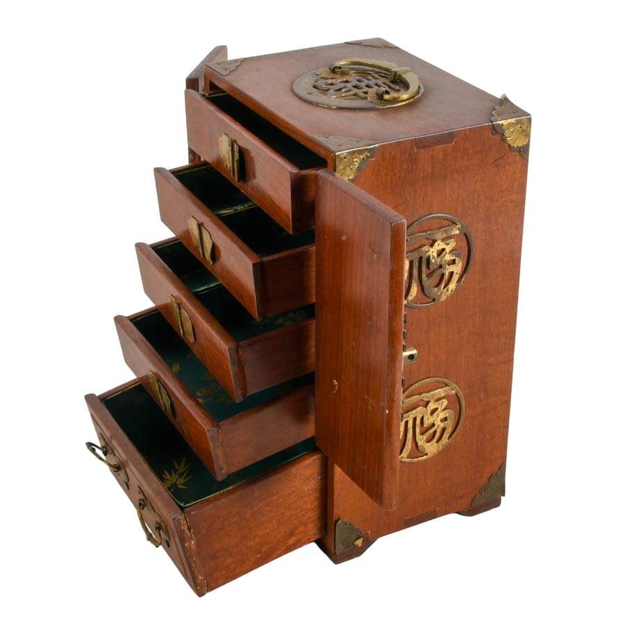 Chinese Wood and Brass Jewelry Box-5