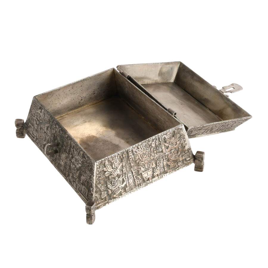 Peruvian Silver Trinket Box with Incan-Inspired Design-6
