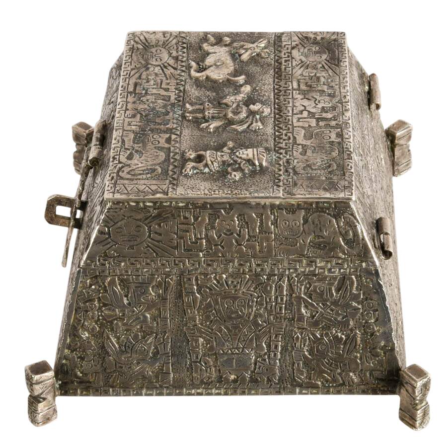 Peruvian Silver Trinket Box with Incan-Inspired Design-4