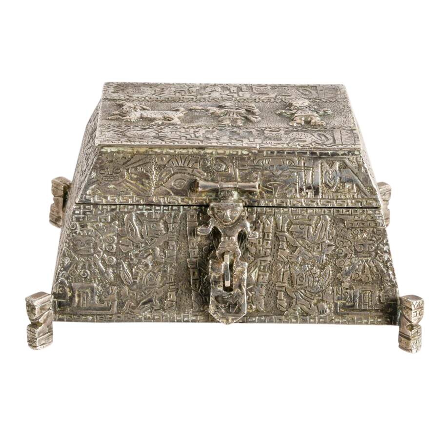 Peruvian Silver Trinket Box with Incan-Inspired Design-3