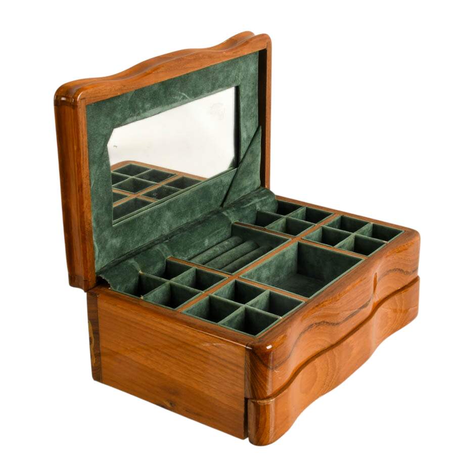 Mid-Century Wooden Jewelry Box with Green Velvet Lining-4
