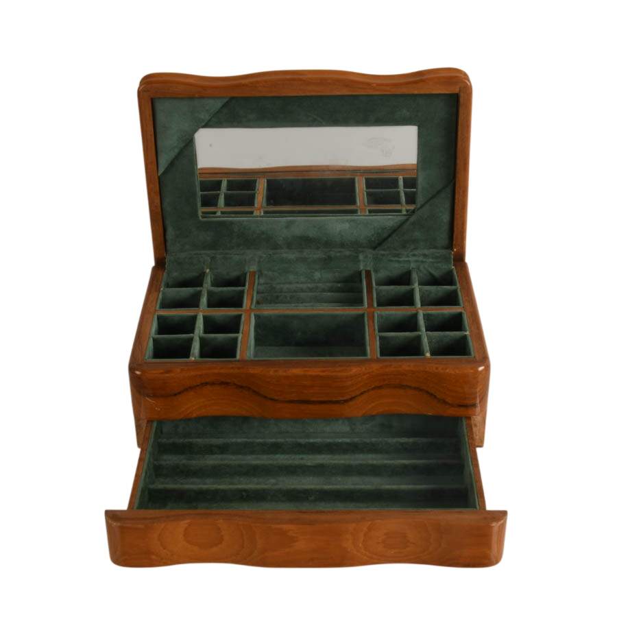 Mid-Century Wooden Jewelry Box with Green Velvet Lining-3
