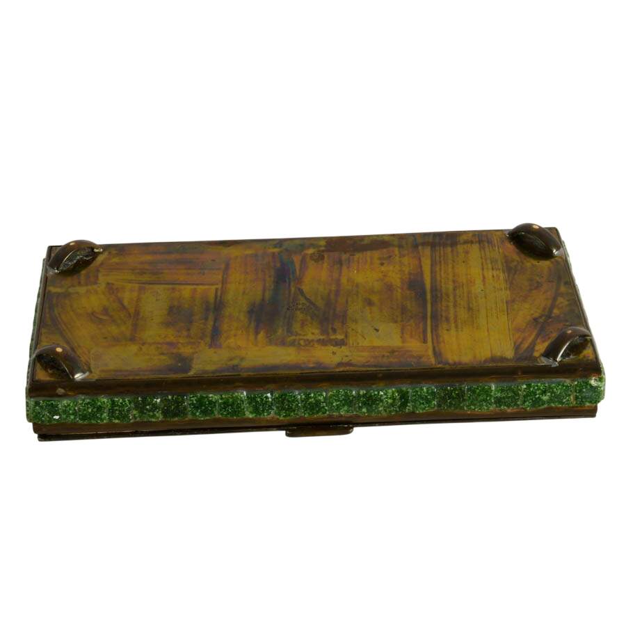 Handcrafted Mexican Brass Aztec Calendar Box with Mosaic Green Stone Inlay-9