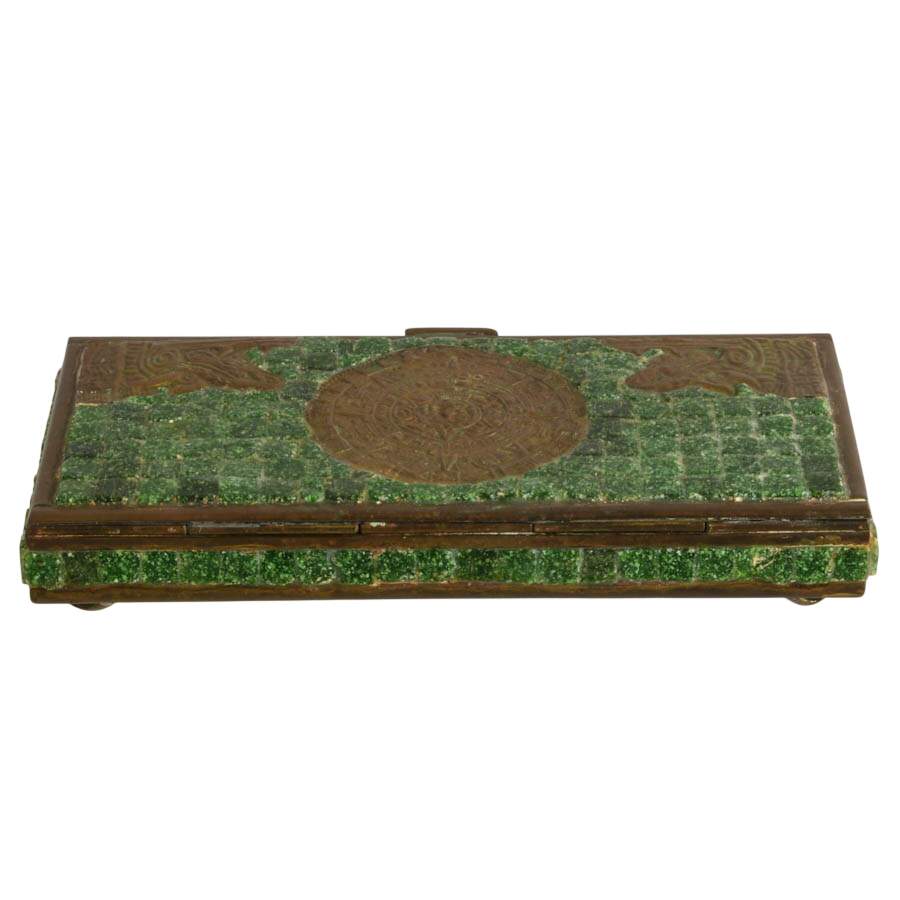 Handcrafted Mexican Brass Aztec Calendar Box with Mosaic Green Stone Inlay-7