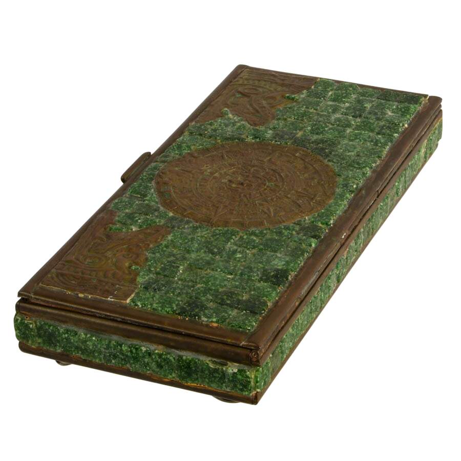 Handcrafted Mexican Brass Aztec Calendar Box with Mosaic Green Stone Inlay-6