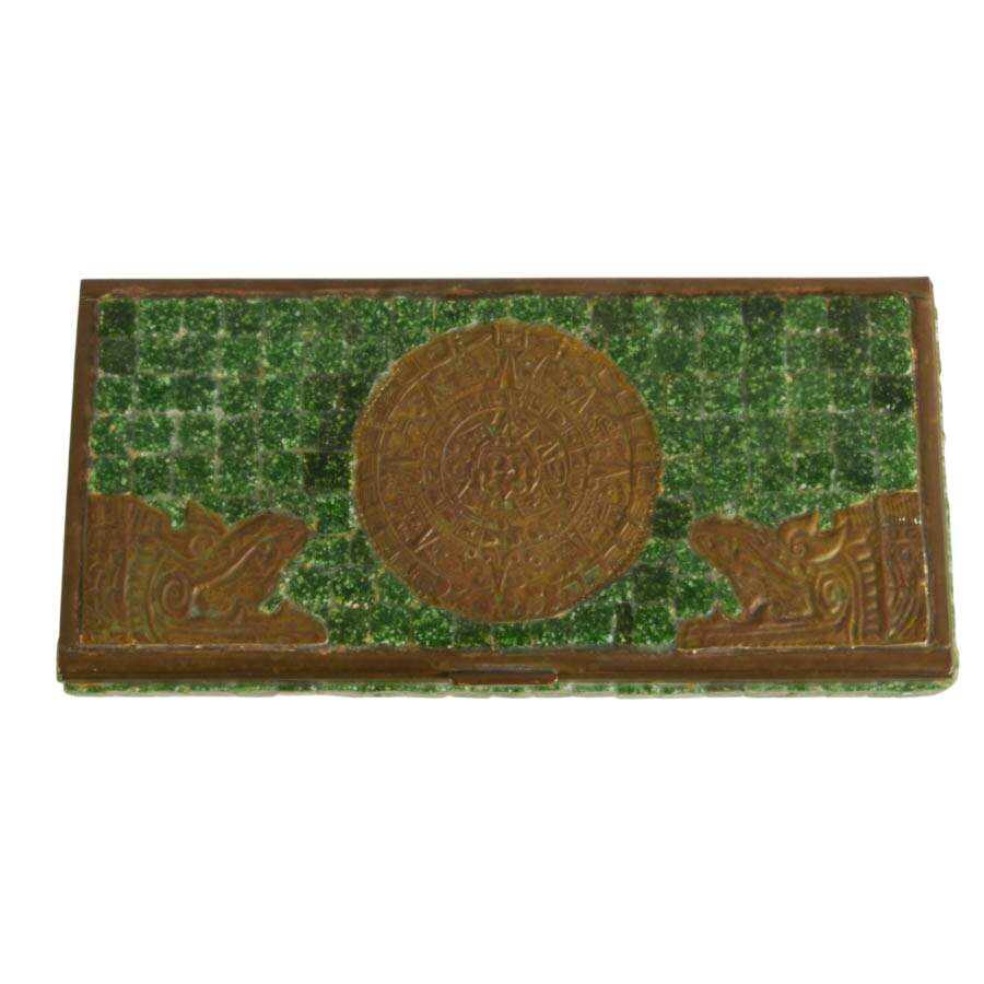 Handcrafted Mexican Brass Aztec Calendar Box with Mosaic Green Stone Inlay-1