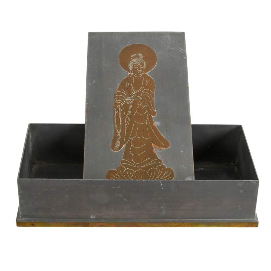 Rectangular Chinese Mixed Metal Box W/Buddhist Deity Figurine-5