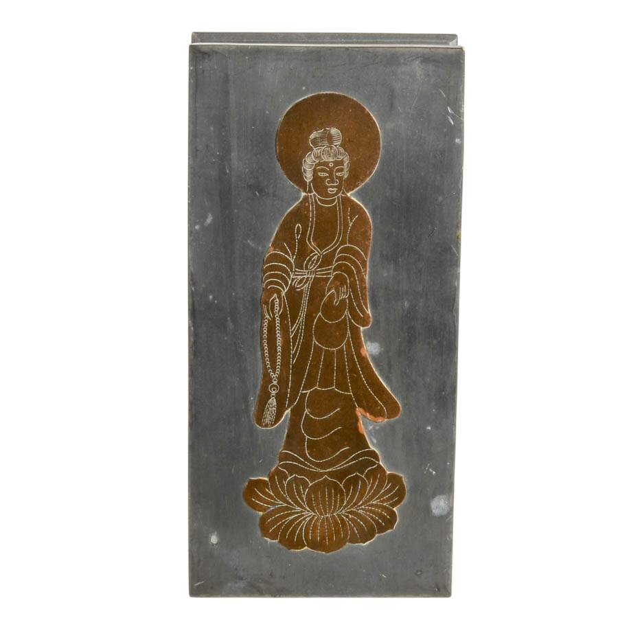 Rectangular Chinese Mixed Metal Box W/Buddhist Deity Figurine-4