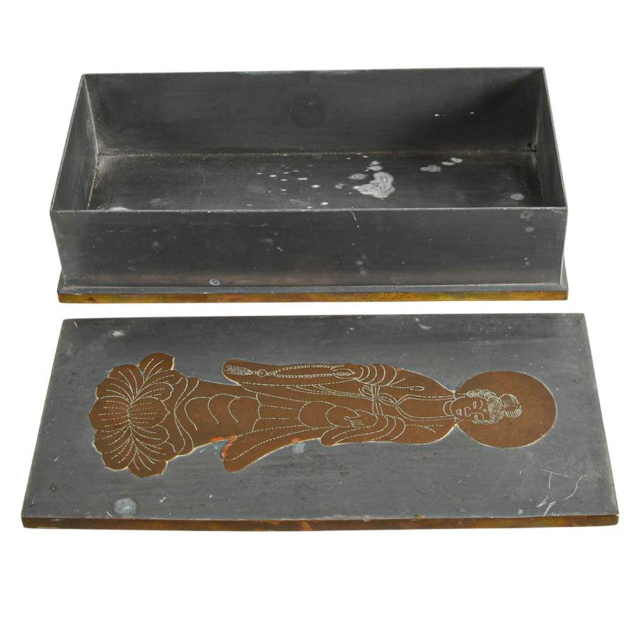 Rectangular Chinese Mixed Metal Box W/Buddhist Deity Figurine-3